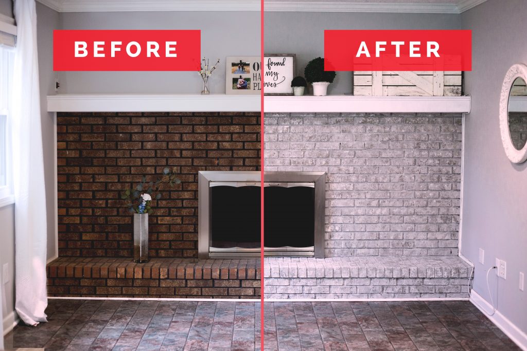 before and after; a fireplace painted with Brick-Anew