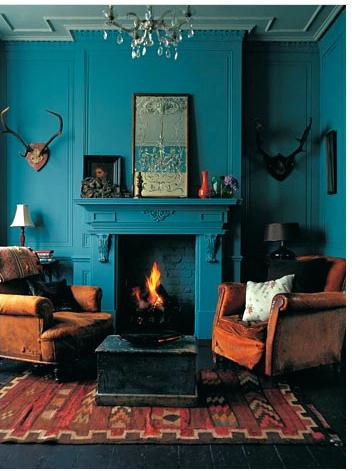 Earthy Blue Fireplace Wall