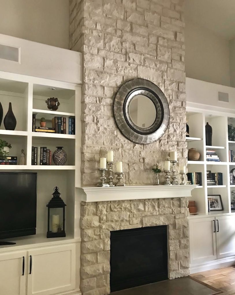 whitewash stone fireplace before and after
