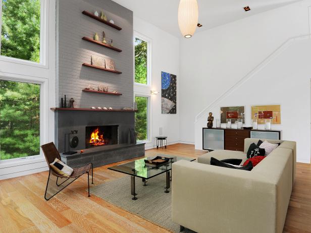 modern living room with brick fireplace